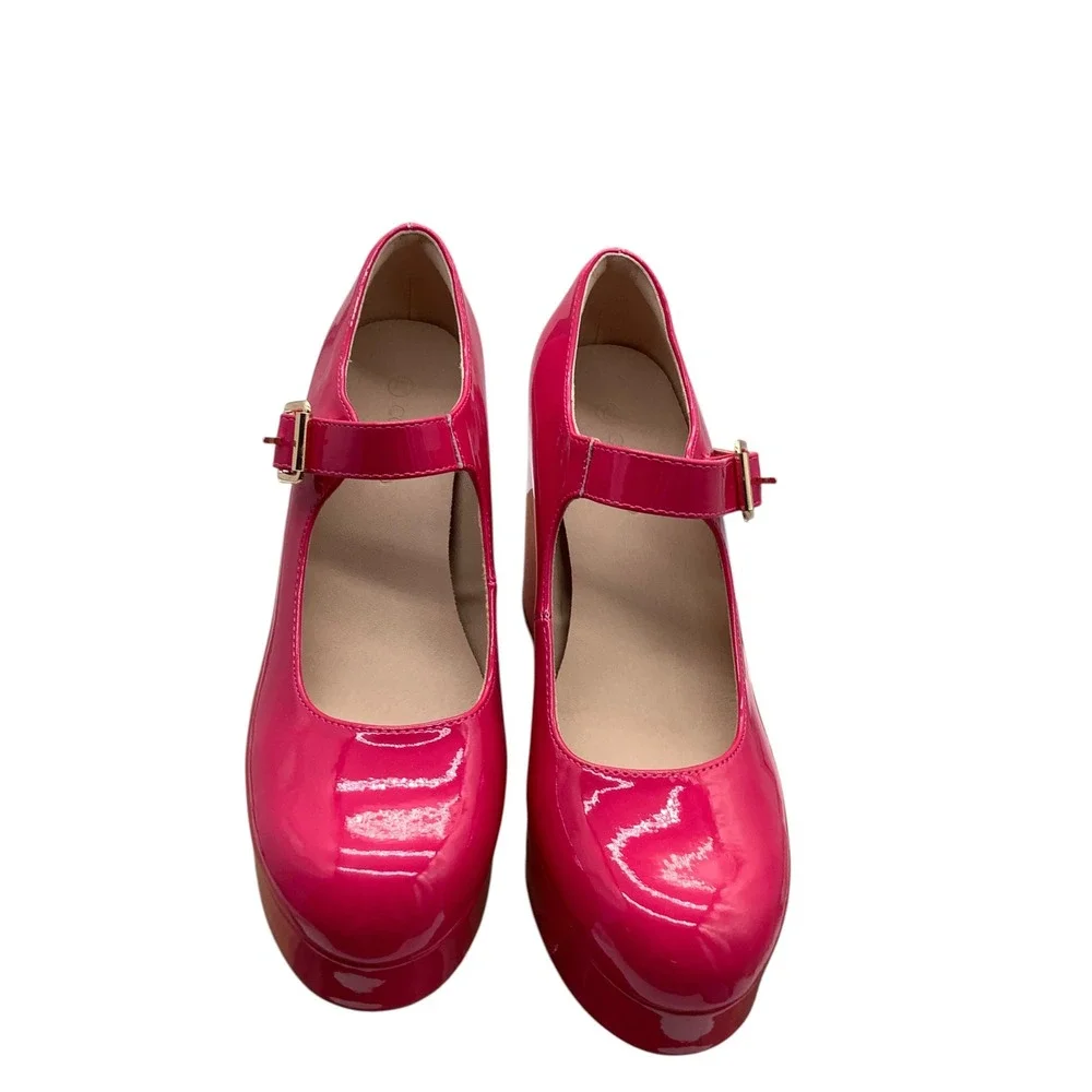 Coutgo Womens Hot Pink Patent Mary Jane Platform Chunky Block Heel Pumps 7.5